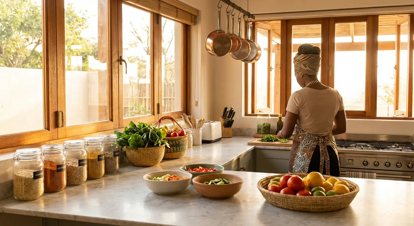Woman in a sunlit kitchen chopping vegetables, surrounded by fresh produce and cooking tools